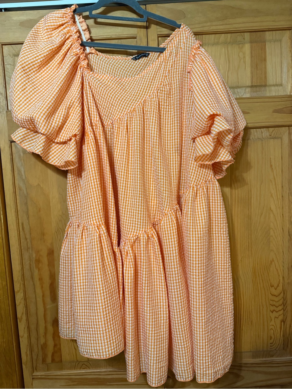 Orange Gingham Puff-Sleeve Mini Dress